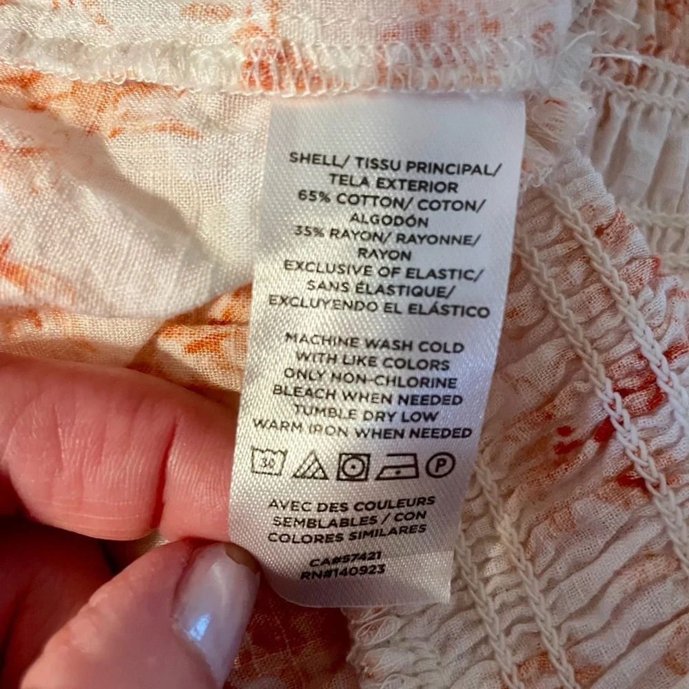 LOFT Orange Smocked Floral Peplum Blouse Puff Sleeve Cottagecore Resort Retro